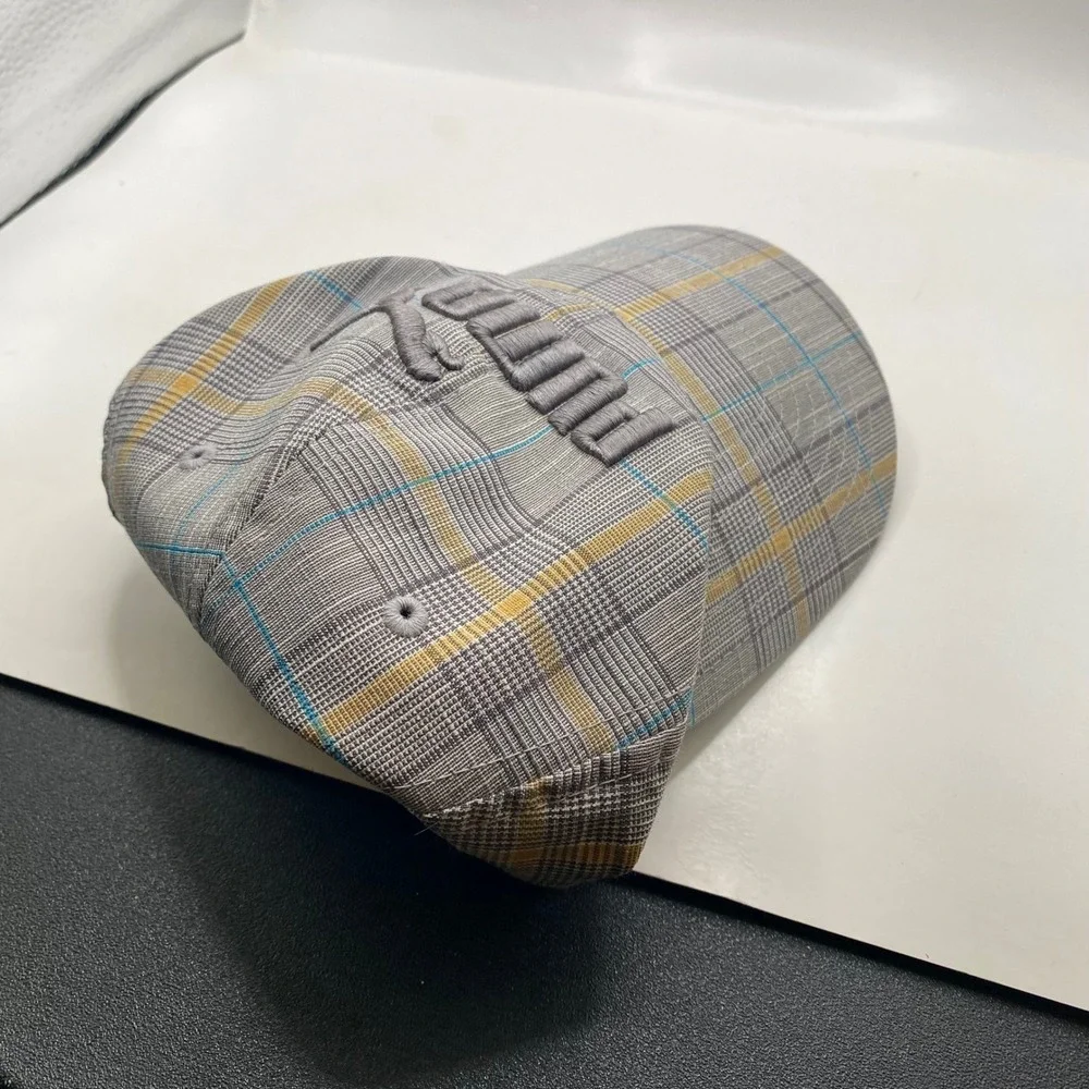 PUMA Plaid Adjustable Baseball Cap Hat Unisex Grey Yellow Blue 3D Logo Sport SEO